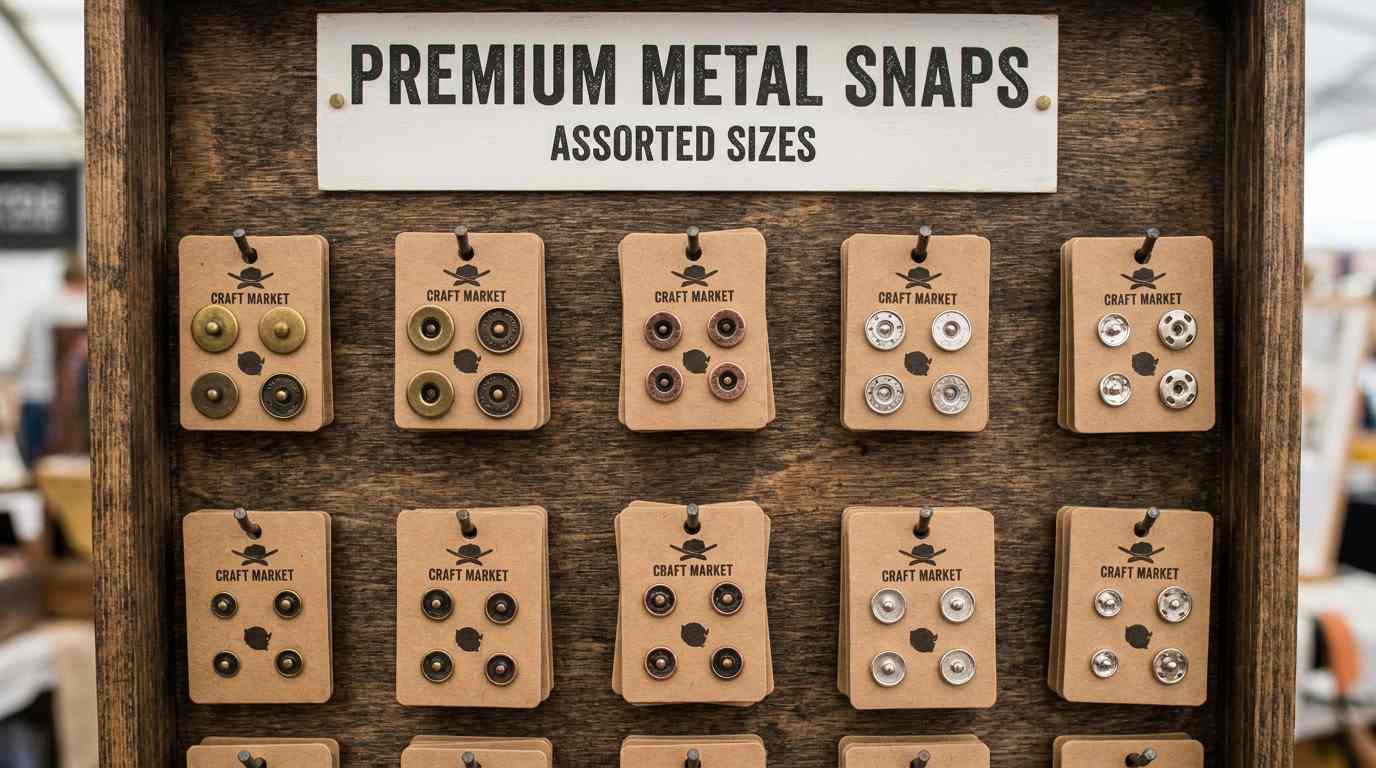 O style snap button, O style snap button samples in assorted sizes and metal finishes are mounted on individual display cards beneath a premium metal snaps sign.